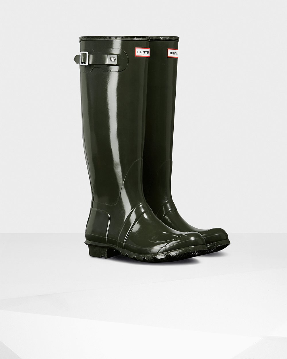 Womens Hunter Original Gloss - Tall Rain Boots Dark Olive - 3874-UDWMT